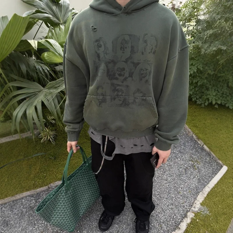 

Американский худи из хлопка с эффектом состаривания и рваными элементами, с начесом, повседневный, в стиле Fleece Lined Sweatshirt