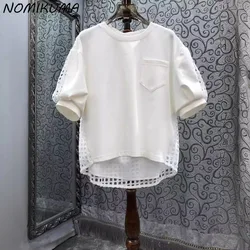 Nomikuma 2024 New Women's Clothing for Summer Irregular Round Neck Short Sleeved Stylish Top Causal Hollowed Out Shirts