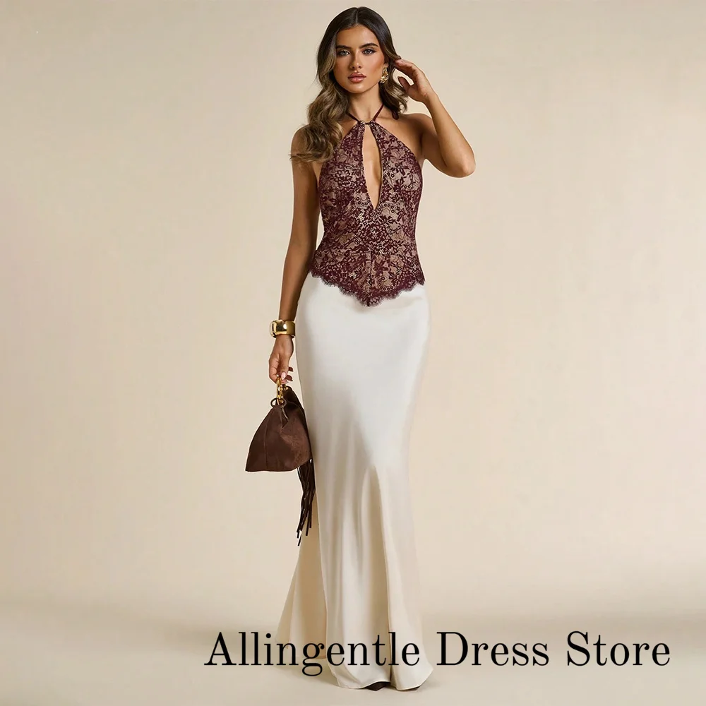 Customized Sexy Lace Patchwork Halter Dress Sleeveless Backless High Waist Slim Satin Maxi Dresses Summer Lady Party Robes 2027
