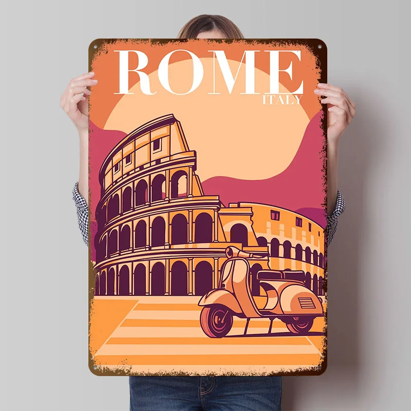 Rome Italy Colosseum Printed Poster Customized Wall Art Retro Vintage Metal Tin Signs for Home Bedroom Decoration Room Decor Men