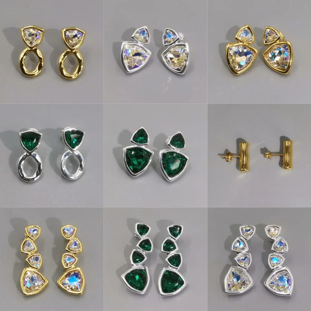 Gold and silver plated triangular cut earrings, women's party jewelry emerald and aurora crystal geometric drop earrings