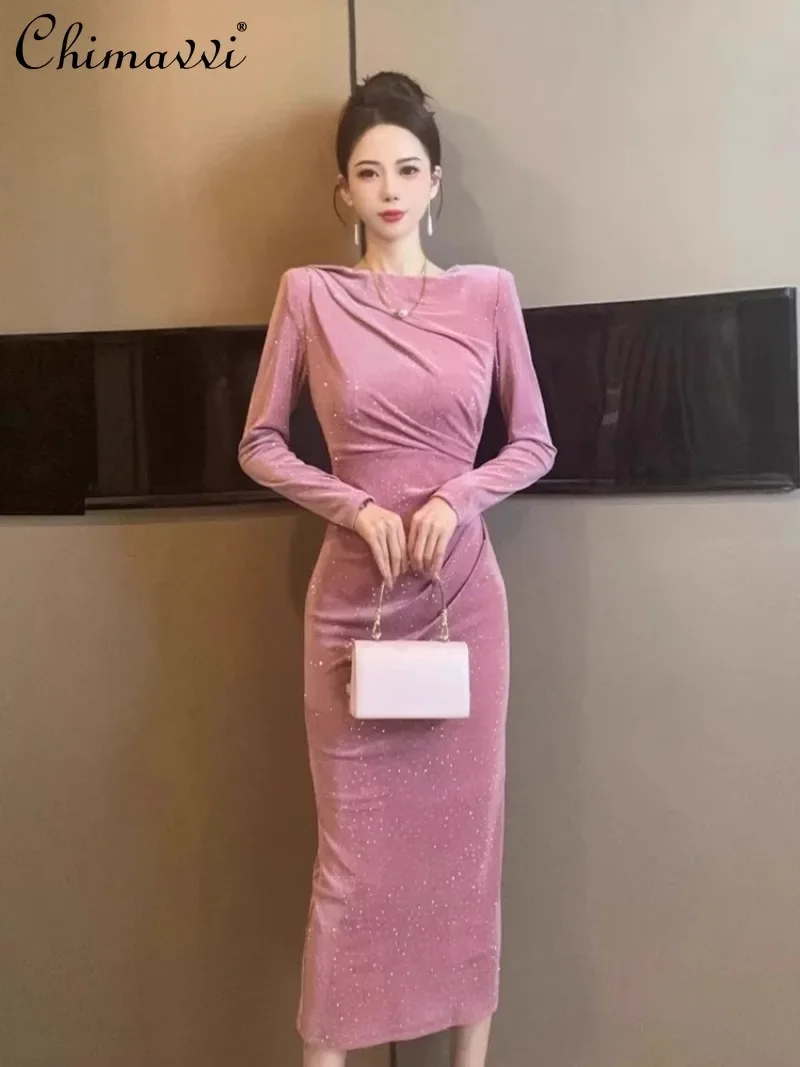 

Autumn and Winter New High-end Light Luxury Heavy Industry Hot Diamond Temperament Dignified Slim Hip-wrapped Dress For Women