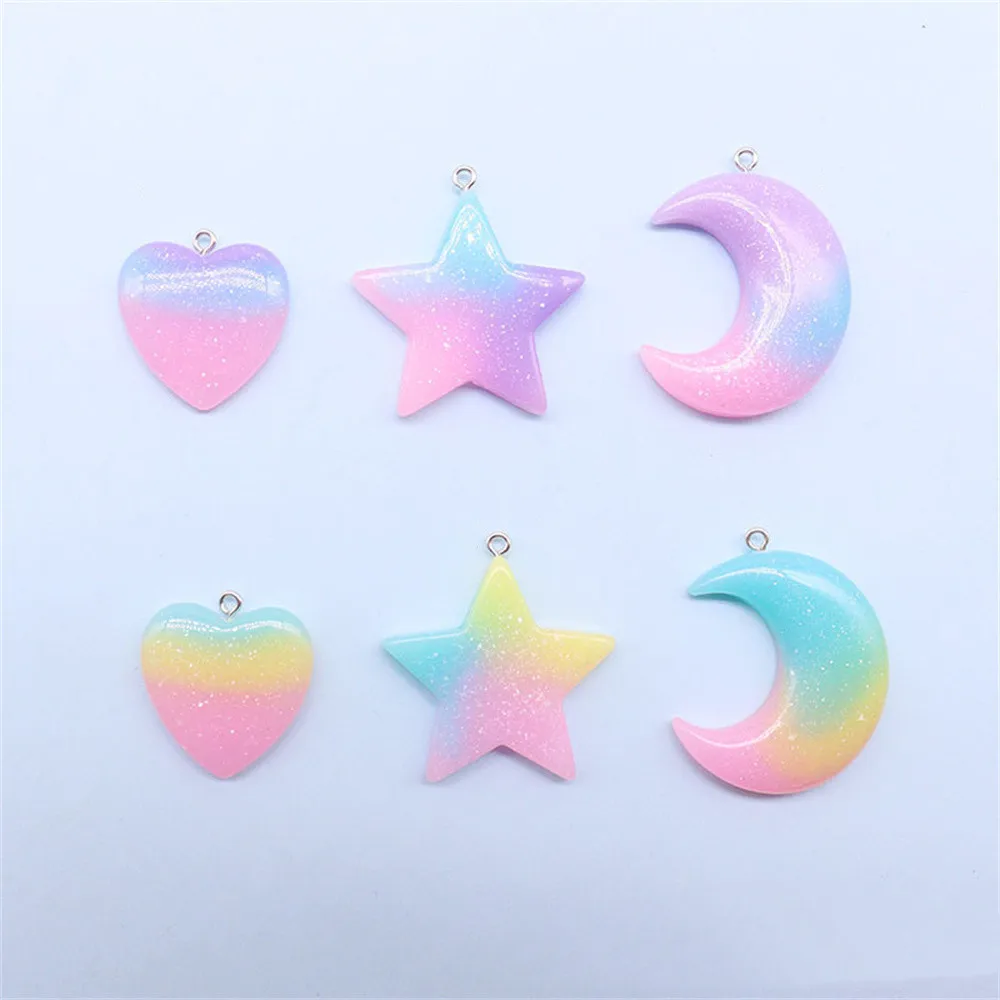 10Pcs Gradient Color Glitter Moon Star Love Heart Resin Charms Cute Keychain Necklace Earring Pendant Jewelry Making Accessories