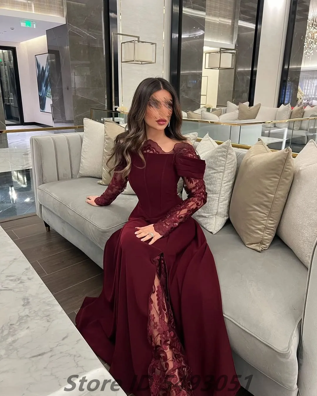 2025 Burgundy Evening Dress For Wedding Party Lace Long Sleeve Off Shoulder Prom Dress Saudi Arabic Party Gown Customized image 3