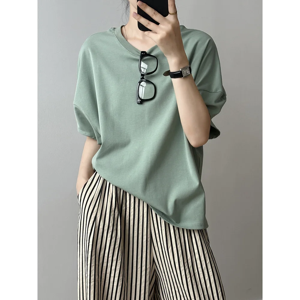 

Women Clothing Casual T Shirt Korean Style Simple Round Neck Short Sleeve 2024 Summer New Niche Loose Casual Solid Color Top