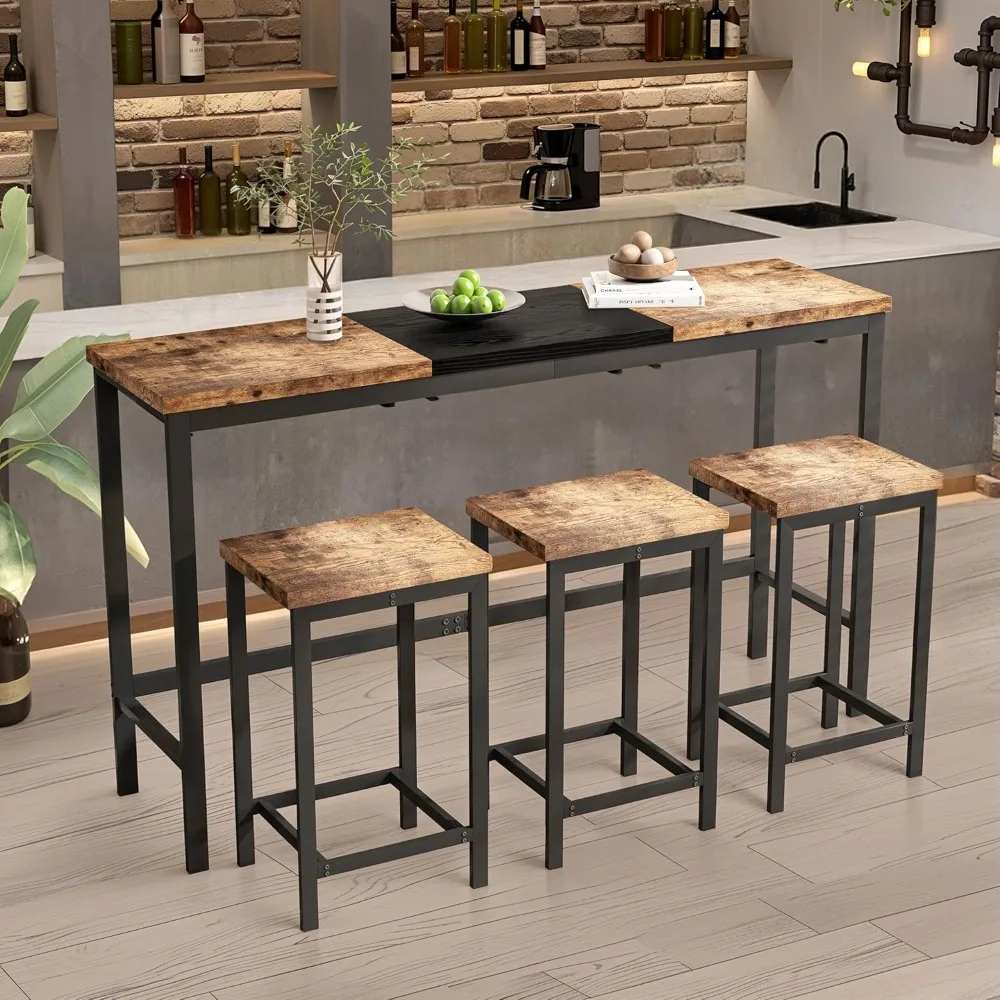 

4 Piece Block-Color Pub Dining Table Set,Modern Bar Table Set with 60.24 Long Dining Table w/Hanging Stool Design and 3 Stools,