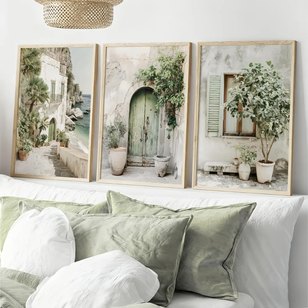 3pcs frameless Canvas Painting 3pcs Frameless Italian Coastal Village,Mediterranean Architectural Photography Canvas in Sage Gre