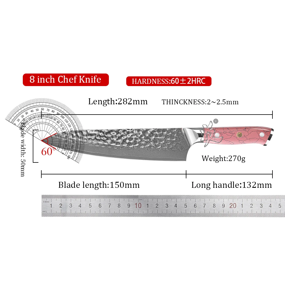 YAN Professional 8 Inch Damascus Steel Chef Knife AUS-10 Core Japanese Chef Kitchen Knives Pink Turquoise Resin Handle