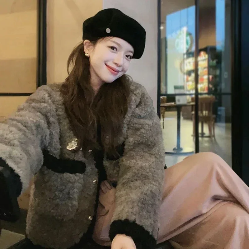 

Winter Women High-End Imitation Fur Coat Fashion Female Thicken Warm Lamb Wool Short Outwear Round Neck Casual Versatile Outcoat
