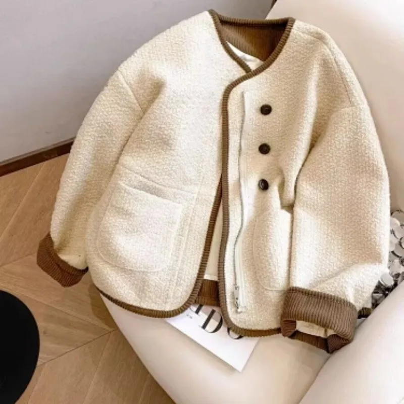 Women Round Neck Fleece Jacket Spring Thickened Contrast Trim Loose Warm Lamb Wool Outerwear S-4XL