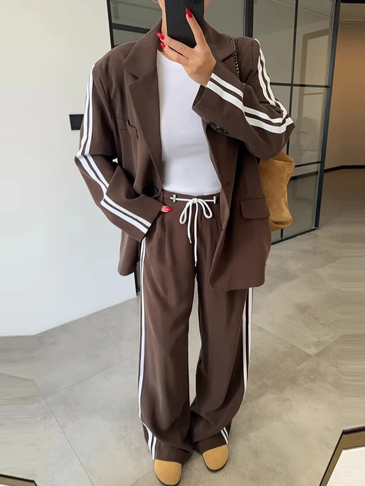 Classic vertical stripe splicing 2-piece set lapel long sleeved jacket+elastic waist wide leg pants set casual style set