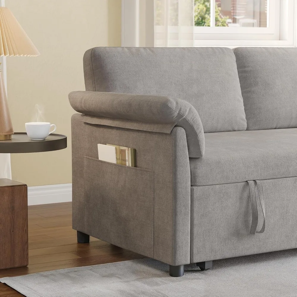 Convertible Sleeper Sofa Bed 59 Inch, 3 in 1 Chenille Couch with Adjustable Backrest and Side Pockets, Compact Size for Small Sp