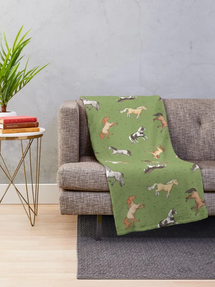 Scattered Horses spotty on olive green pattern Throw Blanket Fluffy Soft Blankets Soft Plaid Blanket Sofa Plaid on the sofa