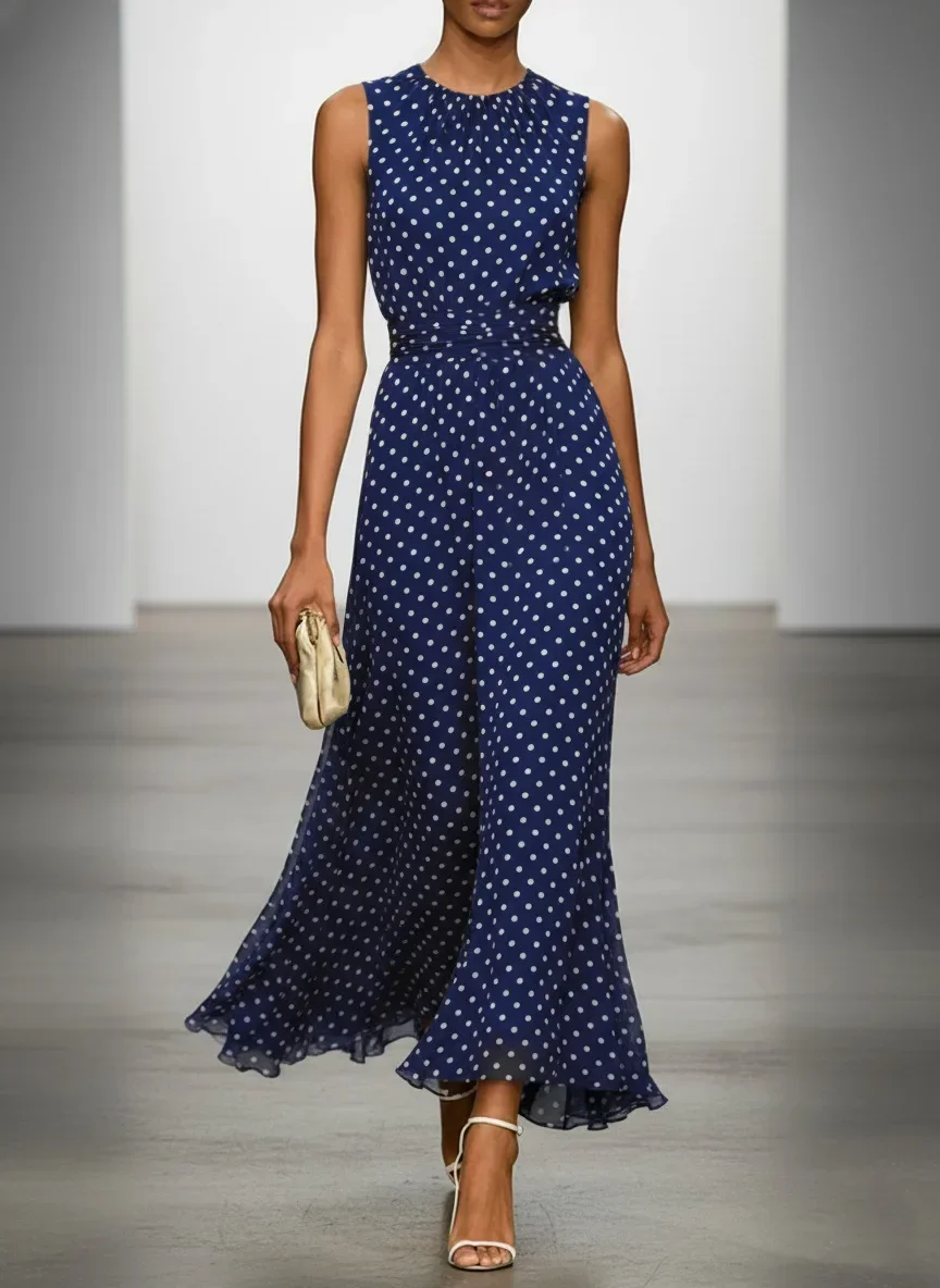 Damen-Maxikleid mit Rundhalsausschnitt, ärmellos, gepunktet, mit Taillenband, fließendes Chiffonkleid, elegantes Alltagskleid für Büro und Pendler – Detail 7