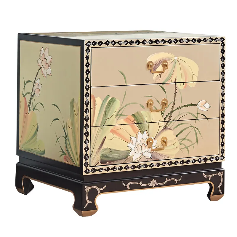 

New Chinese classical bedroom champagne silver zen bedside table three bucket cabinet storage cabinet