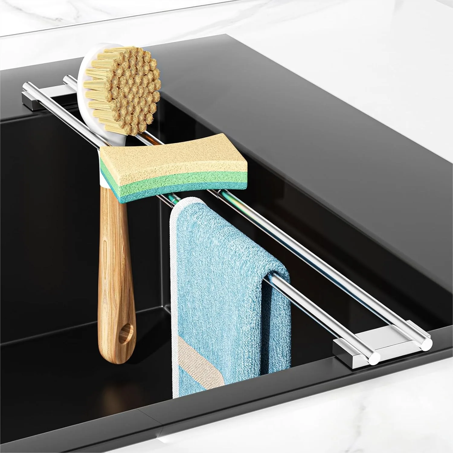 

Dish Cloth Holder For Kitchen Sink, Adjustable Over The Sink Dish Rag Rack, Metal Kitchen Rack Sink Brush Holder, Drying Rack For Dishcloths Sponges Brushes And Bottles