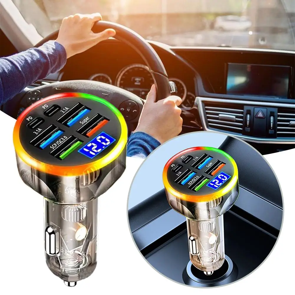 200W Car Charger Quick Charge Cigarette Lighter Adapter 6-Port USB A+USB C Fast Charging Phone Charger For IPhone M9O6