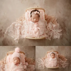 Newborn Photography Props Baby Girl Photo Elastic Wrap Swaddle Blanket Knitted Doll Hat Infant Studio Photoshoot Accessories