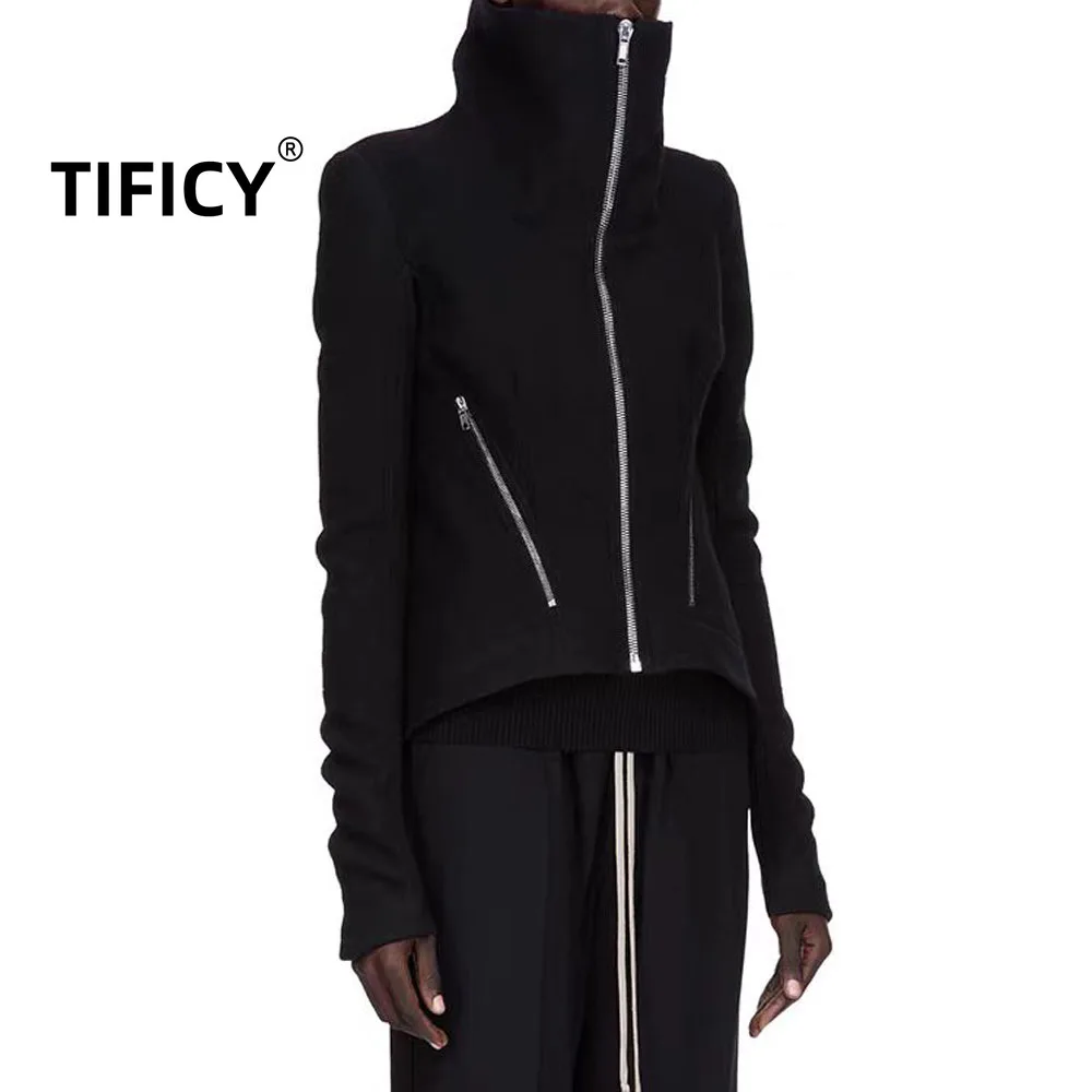 

High Street темно-черная шерстяная куртка RO женская осенне-зимняя шерстяная мотоциклетная приталенная куртка на молнии с высоким воротом пальто