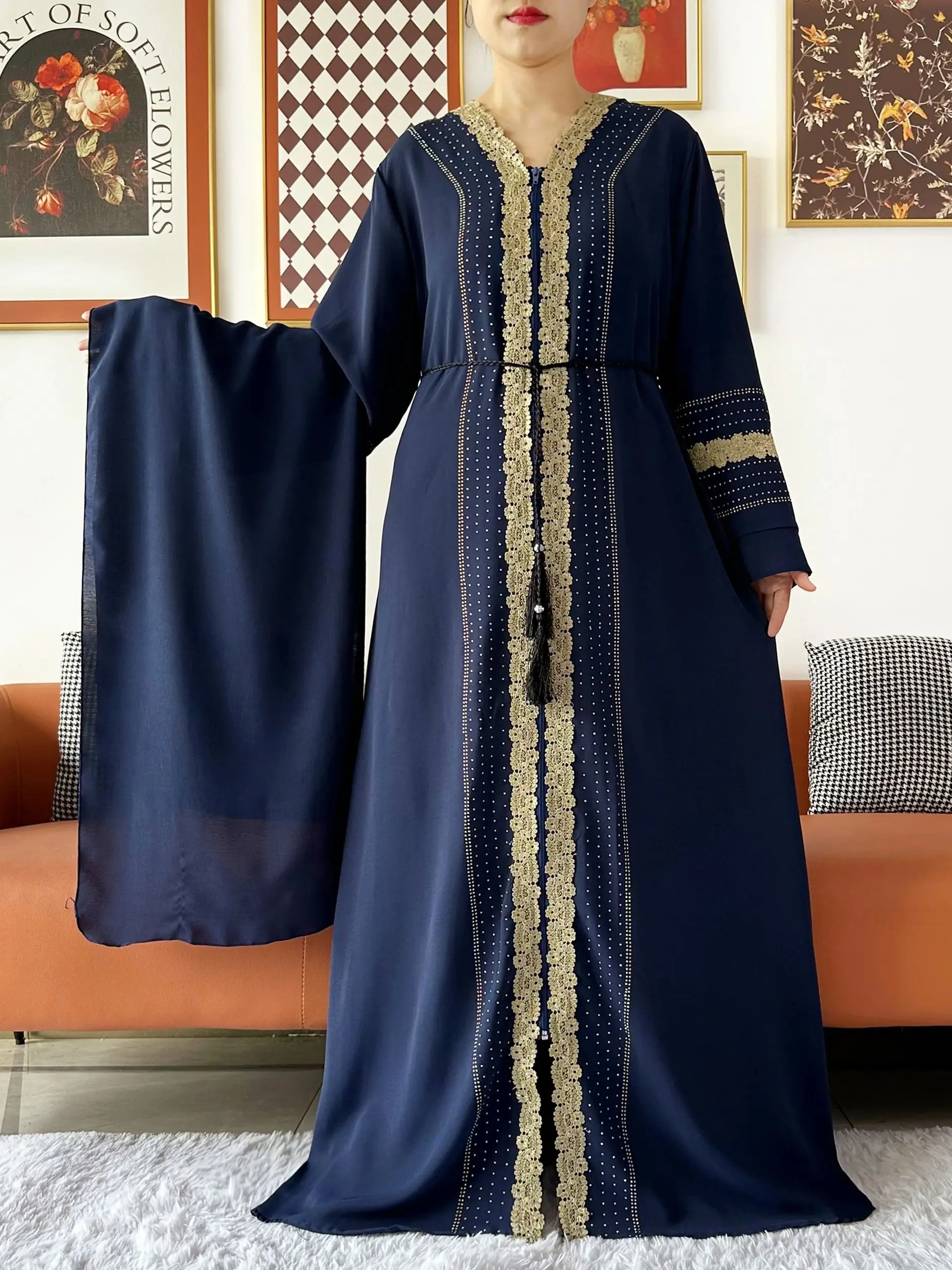 Neueste Frauen Party Kleid Chiffon Spitze Offene Abaya mit Reißverschluss Muslimische Frauen Abaya Islamische Kleidung Strickjacke Muslimischen Lose Kleid