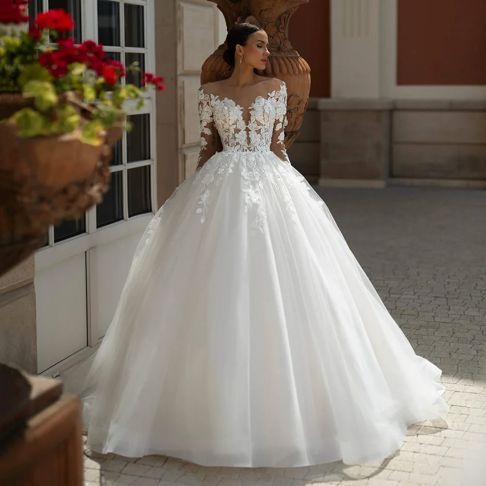 

Luxury Ball Gown Wedding Dresses 2025 Women Off Shoulder Illusion Tulle Bridal Dress Wedding Gown Robe De Mairee Customized