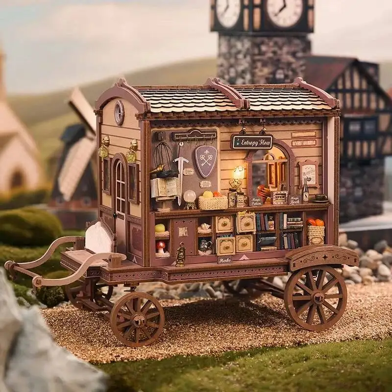 

Retro Magic Carriage Cabin DIY Wooden House Figurines Miniatures Kits With LED Lights Home Decoration For Adult Handmade Gifts
