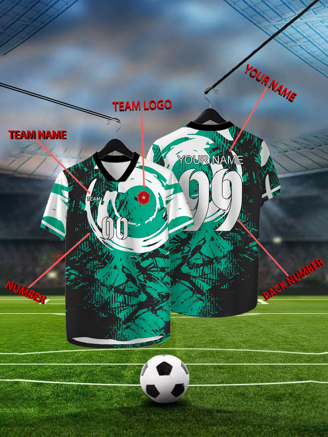 

Customized Geometric Green Short Sleeved Shirt with Team Name, Emblem, Name and Number, Outdoor Sports Short Sleeved T-shirt