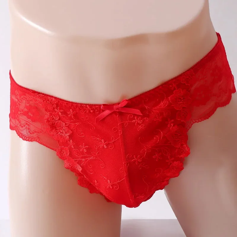 الأحمر الوردي سيسي الدانتيل رجل القوس ملخصات عبر خلع الملابس زهرة التطريز الحقيبة سراويل DJ نادي حفلة خاصة BF مثير ازياء