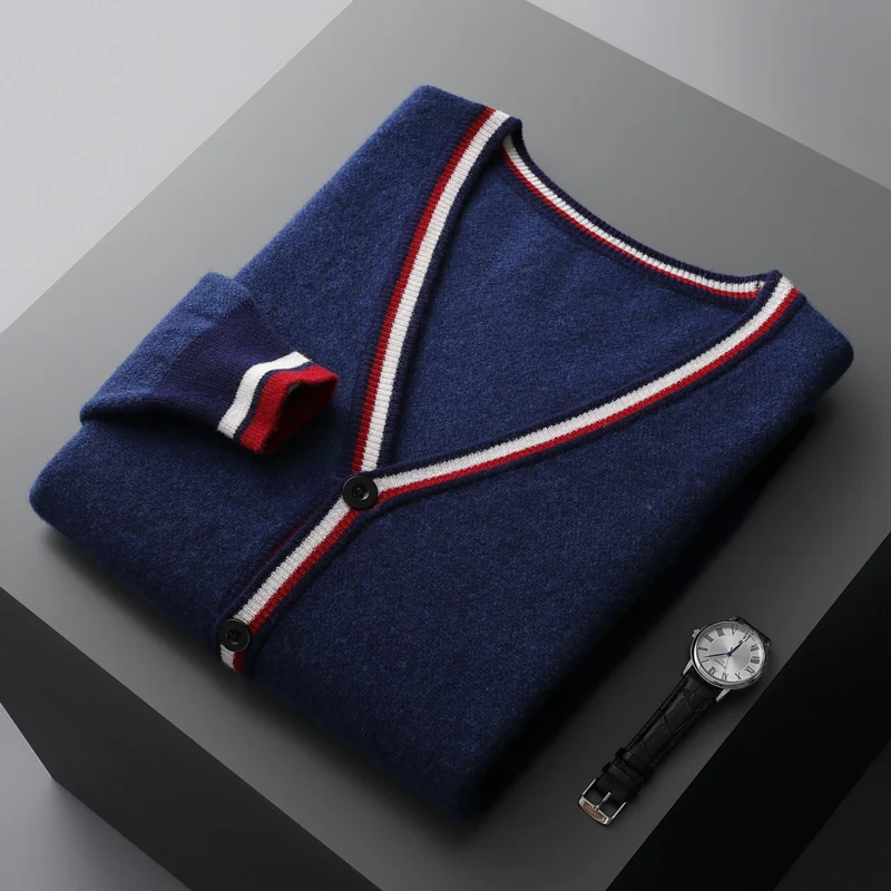Giacca lavorata a maglia in lana merino al 100% da uomo con scollo a V cardigan a righe abbinato ai colori moda jacquard cappotto di grandi dimensioni camicia base autunnale