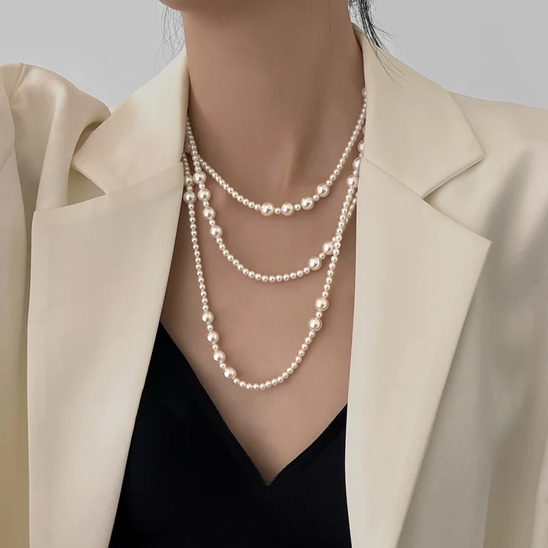 Vintage Long Multi Layered Pearl Necklace for Women Temperament Collar Chain Sweater Chain Necklaces Luxury Jewelry Gift