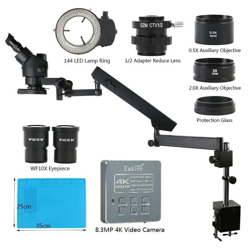 Simul Focal Zoom 3.5X-90X Articulating Arm Clamp Trinocular Stereo Microscope 8MP 48MP 55MP 4K Video Camera For PCB Soldering