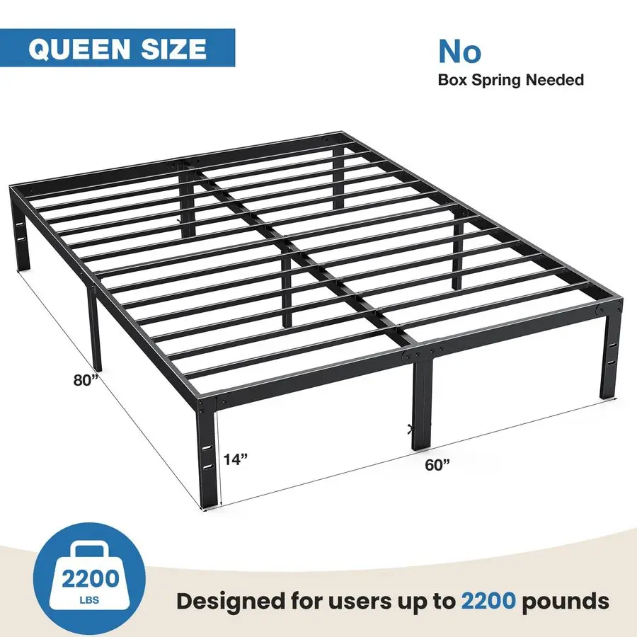إطار سرير معدني كوين بارتفاع 14 بوصة مع مساحة تخزين، لا حاجة إلى صندوق زنبركي مع دعم شريحة فولاذية قوية، 2200 رطل للخدمة الشاقة