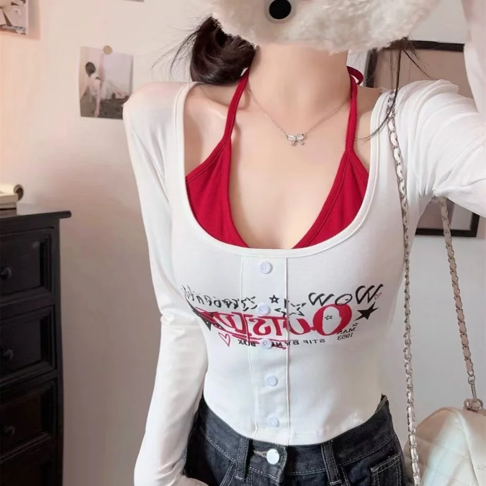 Korean Style Pure Desire Print Long Sleeve Women's Slim Fit Top with Chest Pad Fashionable Versatile Single Piece Spring New