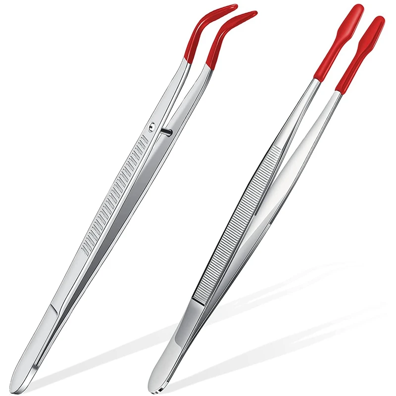 

2Pcs Tweezers Tips Set Coated Tips Bent Flat Tweezers Jewelry Hobby Crafts Industrial Electronic Tweezers Tools- Red