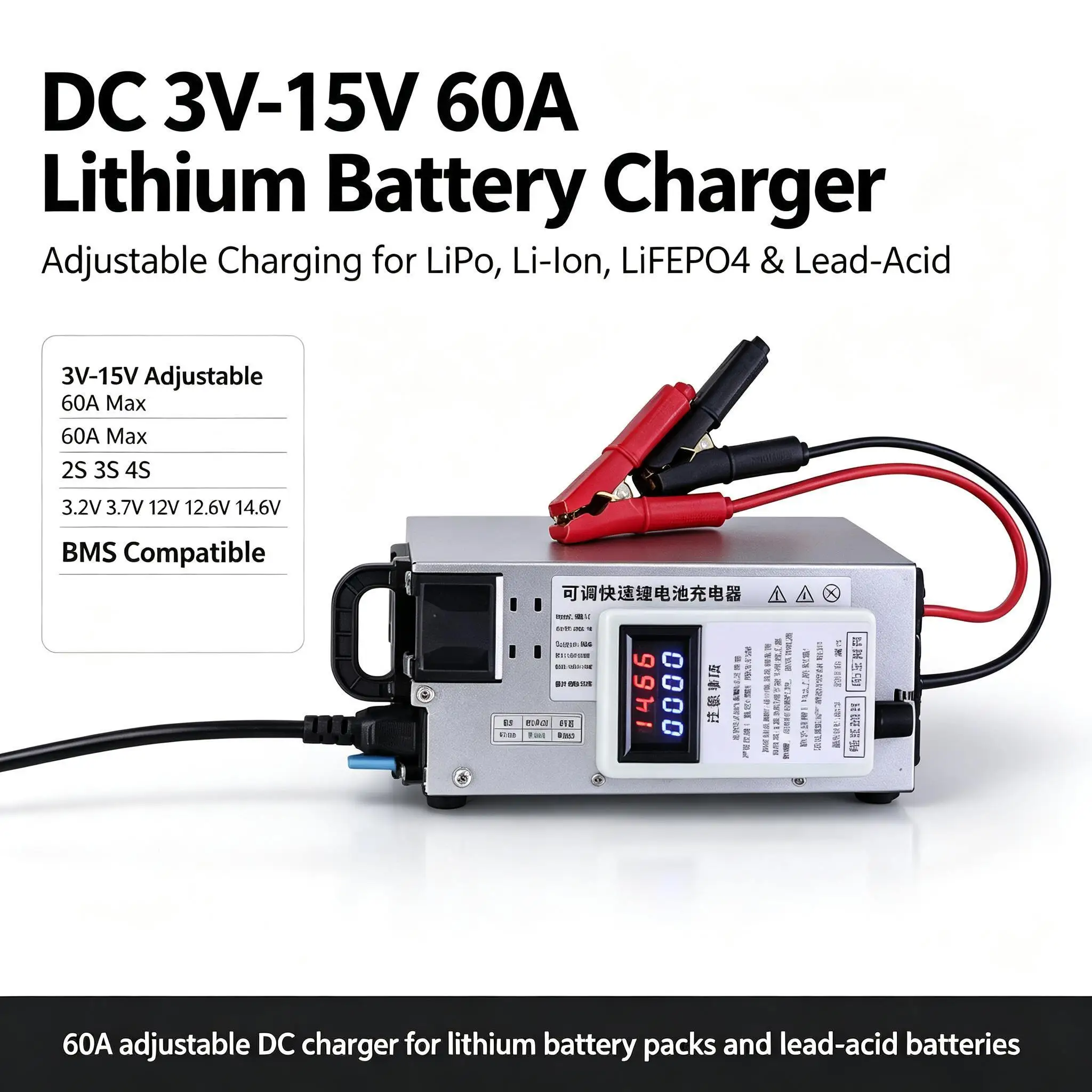 DYKB Adjustable DC3V-15V 60A Lithium Battery Charger 3.2V 3.7V 12V 12.6V 14.6V 2S 3S 4S Lifepo4 Lead Lipo Li-Ion Charging BMS