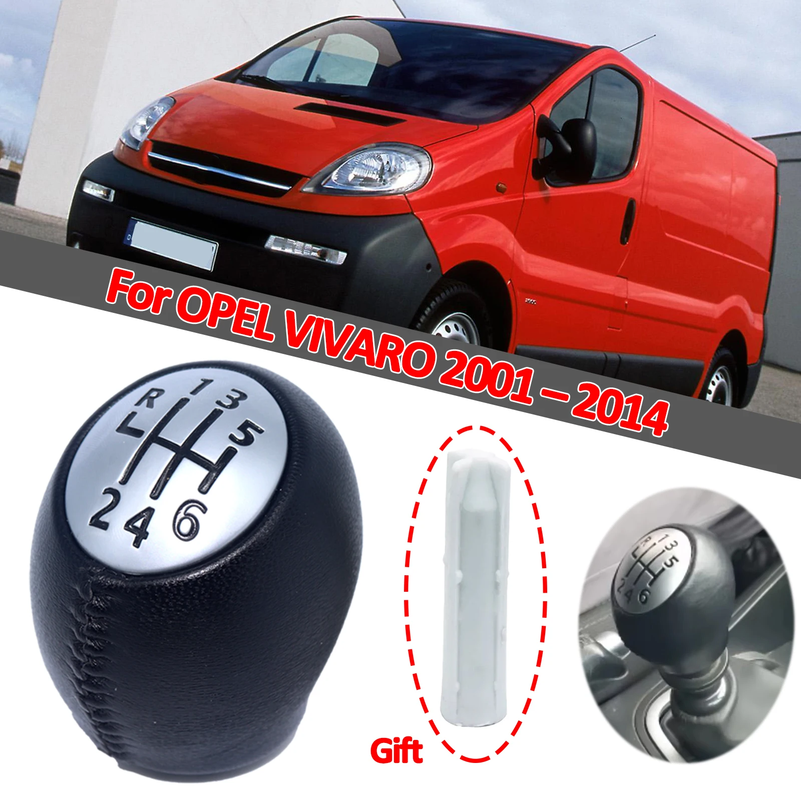 

Gear Shift Stick Knob FOR VAUXHALL/OPEL VIVARO 2002-2014 6 Speed PU Leather Lever Inner Sleeve Adapter 328650005R Handle Replace