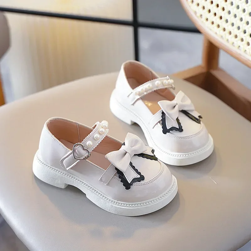 Girls Princess Leather Shoes Spring Autumn Black Children\'s Flats Fashion Sweet Kids Bowknot Mary Jane Shoes Glossy Thick Bottom