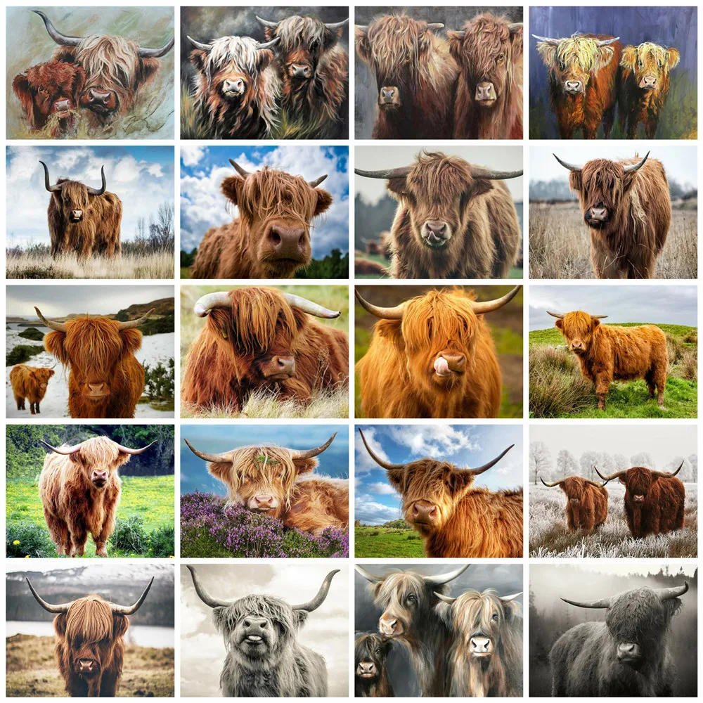 5D DIY Diamond Painting Highland Cattle Animals Cow Embroidery Mosaic Picture Full Drill Cross Stitch Kit Living Room Decor Gift