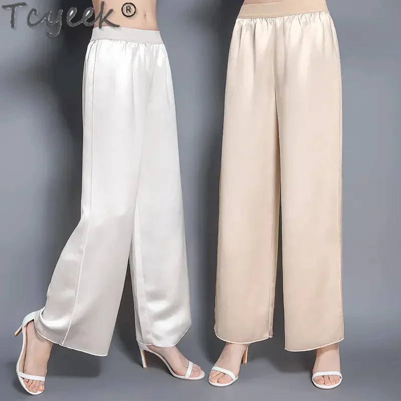 

95% Tcyeek Mulberry Silk Thin Trousers 2024 Summer Women High Waist Wide Leg Pants Womens Clothing Streetwear Pantalon