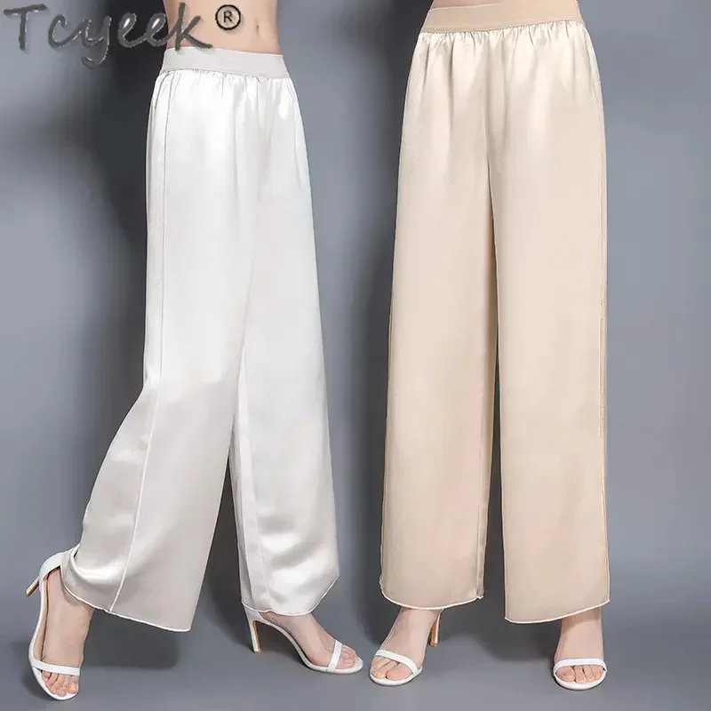 95% Tcyeek Mulberry Silk Thin Trousers 2024 Summer Women High Waist Wide Leg Pants Womens Clothing Streetwear Pantalon