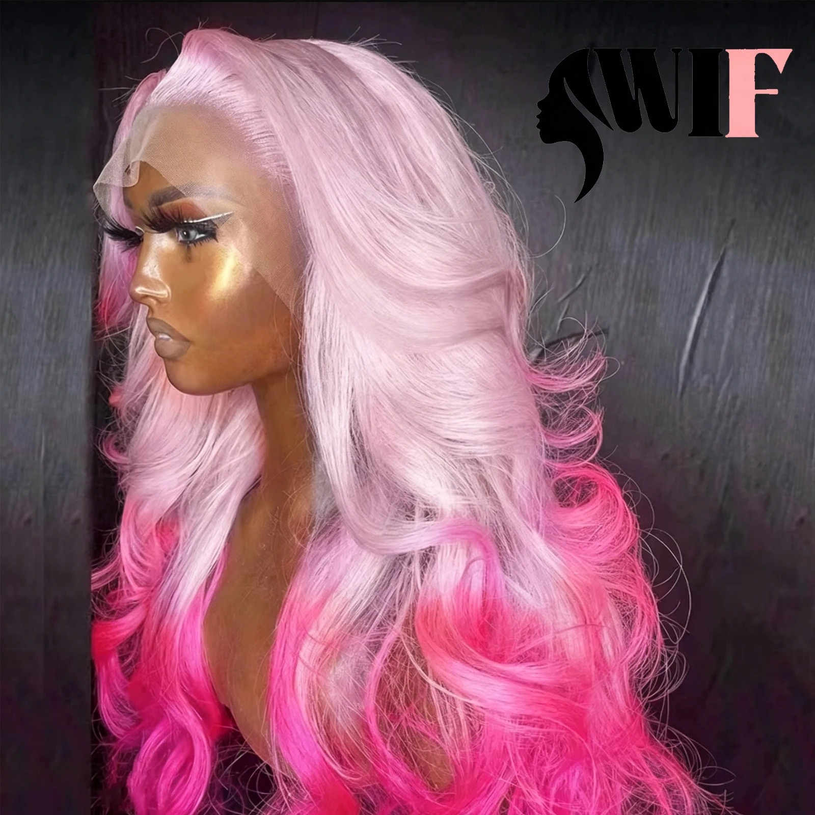 WIF Ombre Pink Wave Hair Synthetic Wig for Women Cosplay Used Body Wave Natural Hairline Lace Front Wigs Light Pink Root Hair