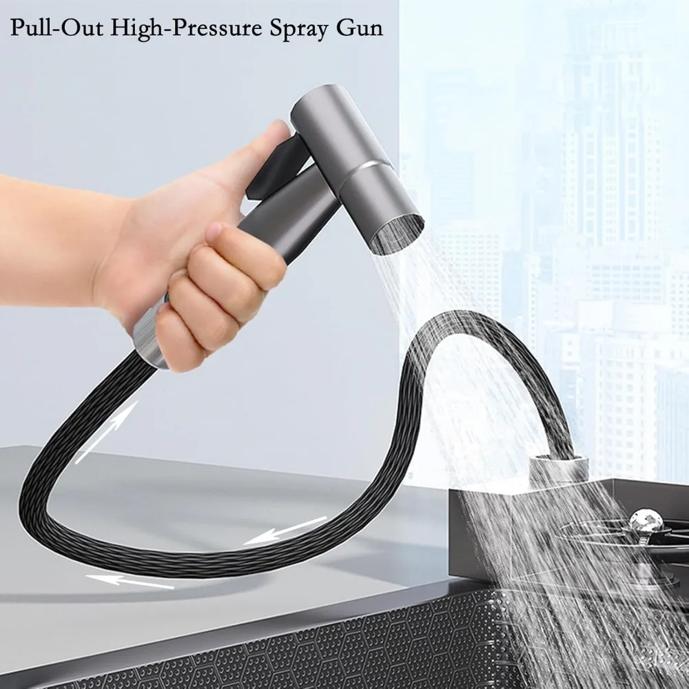 Stainless Steel Smart Kitchen Sink with Digital Display and Dual Waterfall Faucet, Including Pull-Out Spray