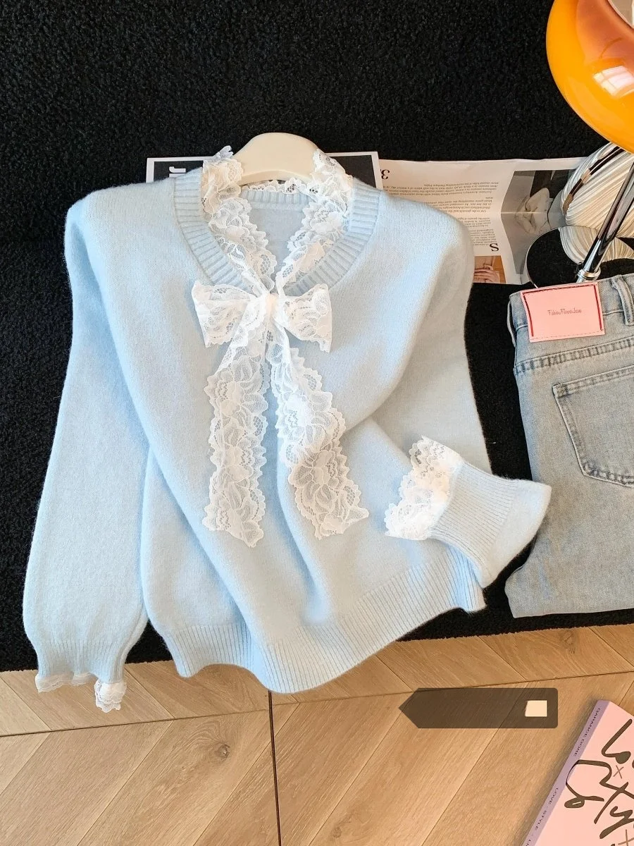 

Женский вязаный свитер Sweet Lace Knot V-Ne Long Sve, повседневный свободный крой, зимний новый голубой вязаный топ