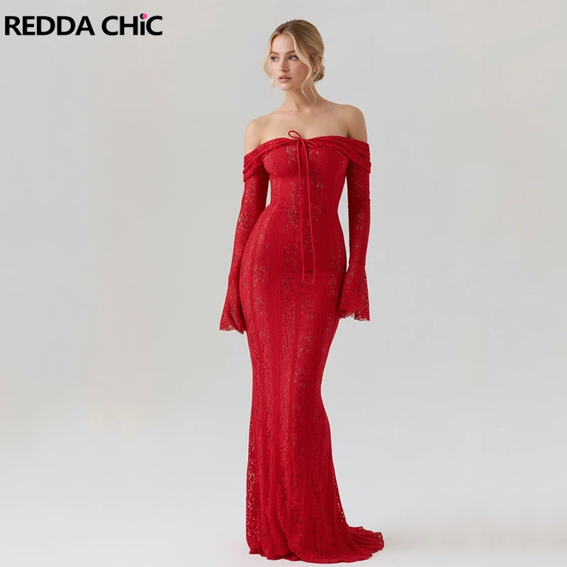

Красное кружевное платье макси REDDACHiC с одним открытым плечом, бантом, приталенное, с расклешенными длинными рукавами, вечернее платье, коктейльное платье, сексуальная женская одежда