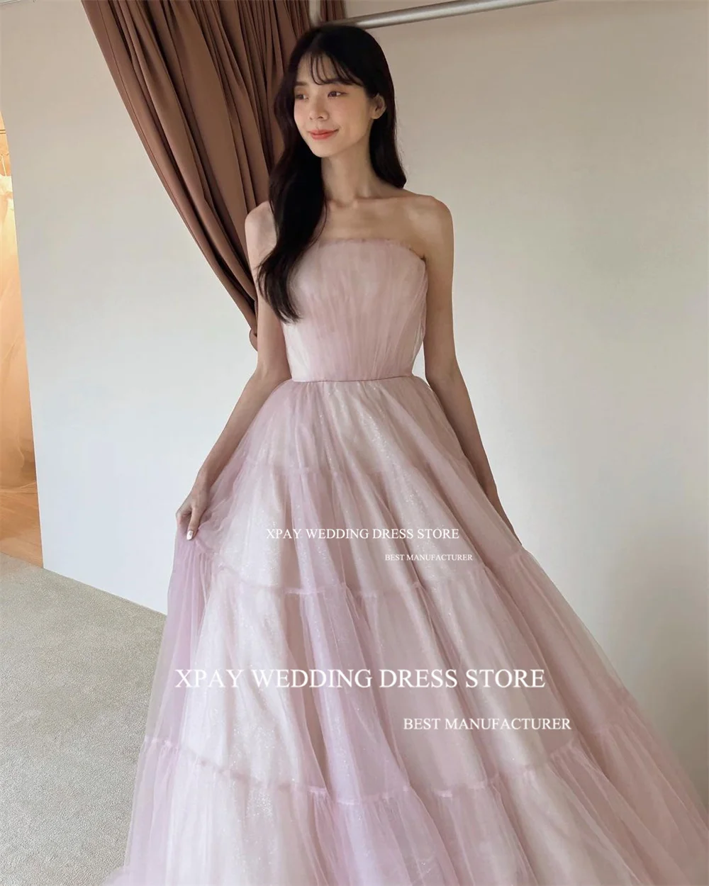 XPAY Elegant Sweet A Line Korea Evening Dresses Sleeveless Ruffles Tiered Fairy Customised Formal Party Prom Gown Floor Length