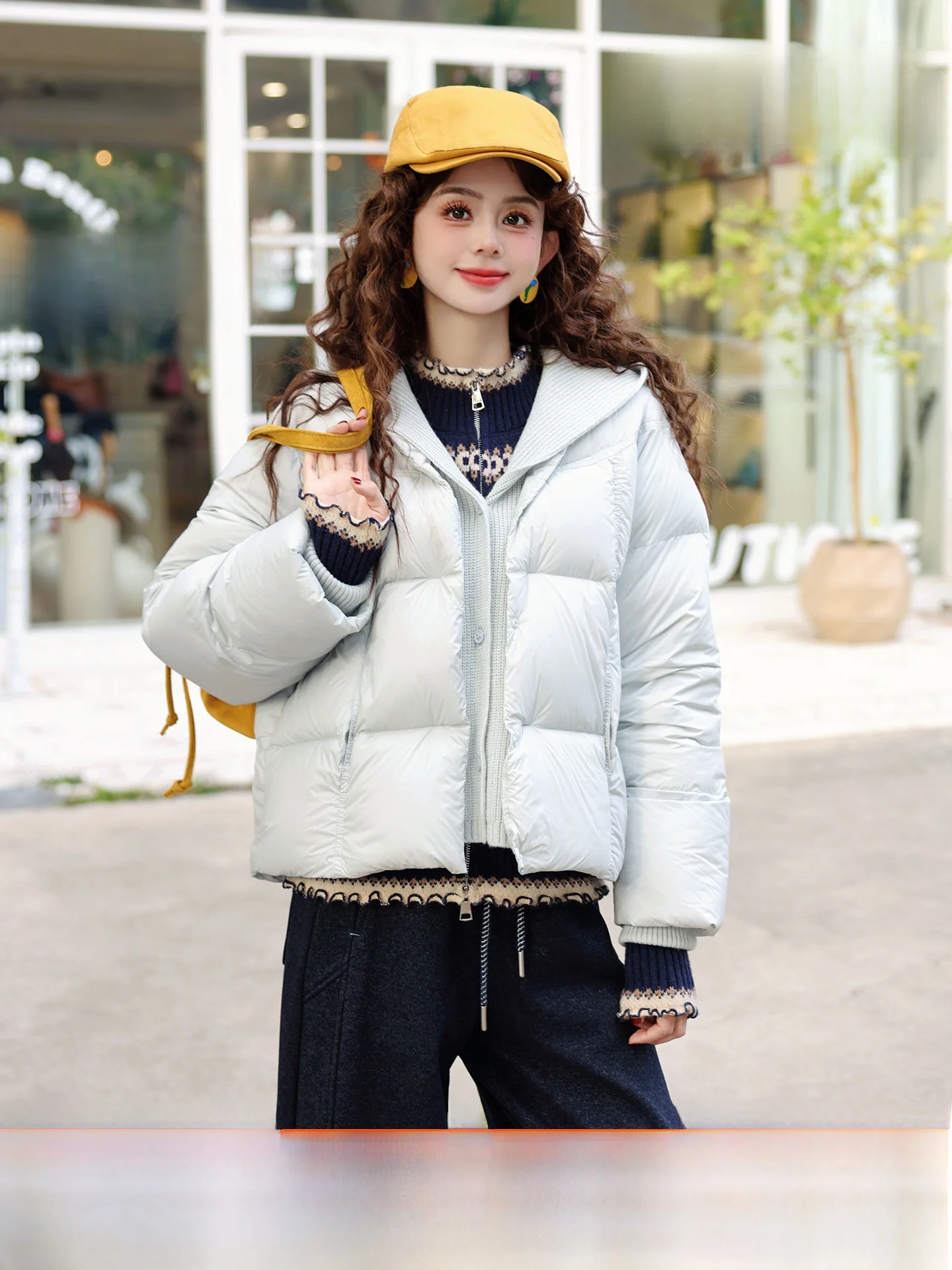 

Chend's Wave Bruing Sand Women's down Jaet Loose Knitted Patchwork Warmth Fake Two-Piece Outerwear Retro Sle Zipper Clo...