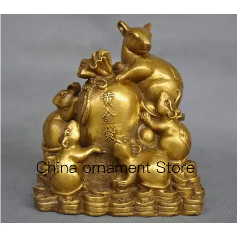 

China Zodiac Five Rat Mouse Money Coin Bag Bronze Statue Free Shipping