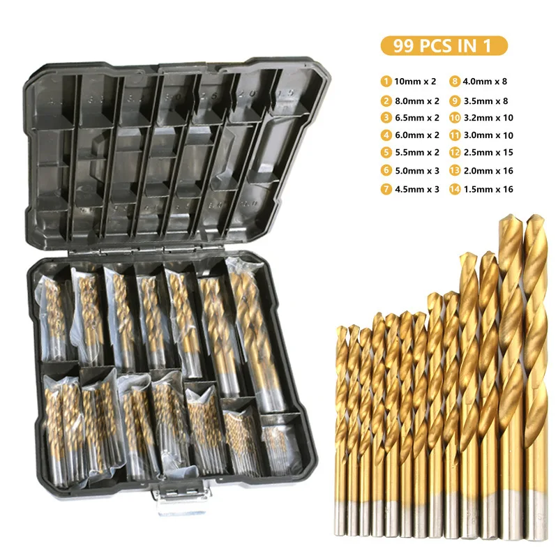 

99pcs Titanium Coated High Speed Steel Drill Bit Set Hex Shaft Straight Spiral Twist Bits for Metal Wood Plastic Drilling