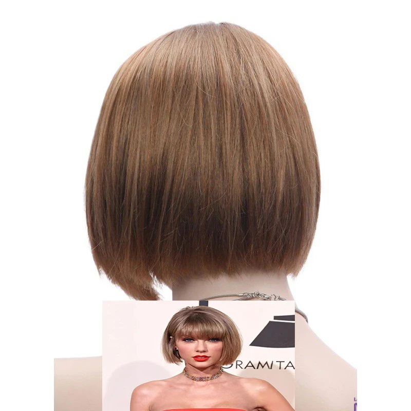 Trendy Light Brown Short Bobo Wig for Women - Straight Hair with Full Bangs, European and American Style