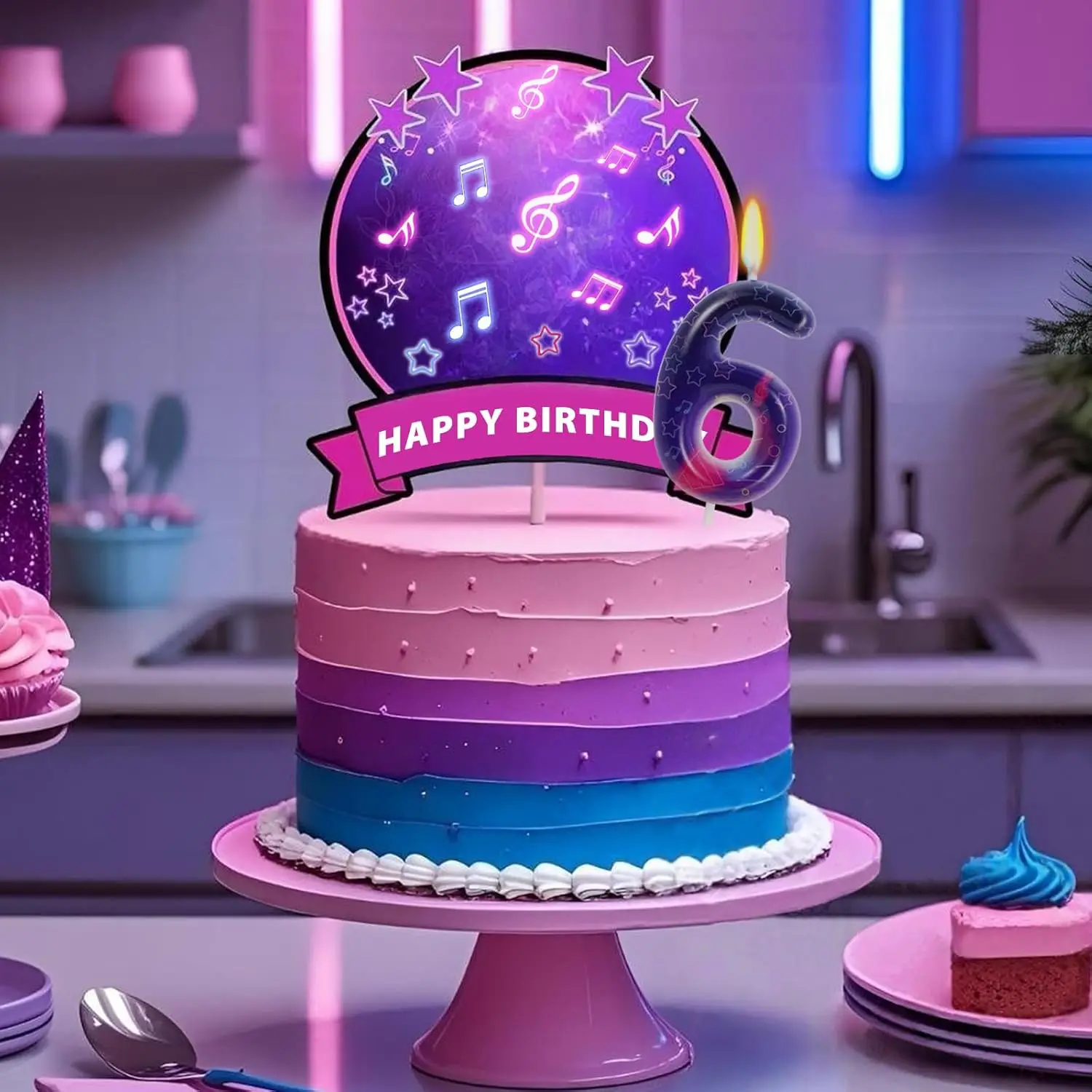 Music Theme Number 5-9 Candle, Purple Star Cake Toppers, Dark Fantasy Demon Style Girls Birthday Decorations Party Supplies ﻿